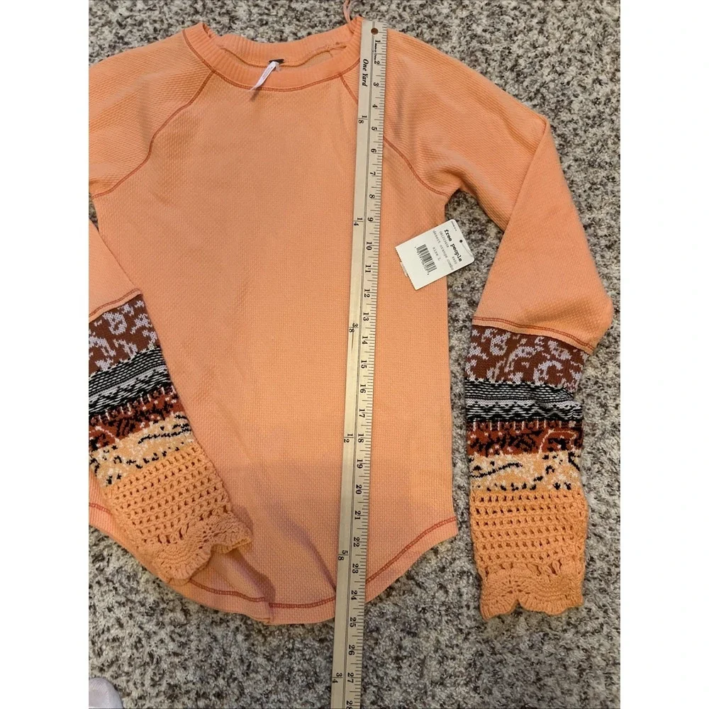 Free People New Top SzL Womens In The Mix Thermal Cuff Peach Pink Orange Crochet